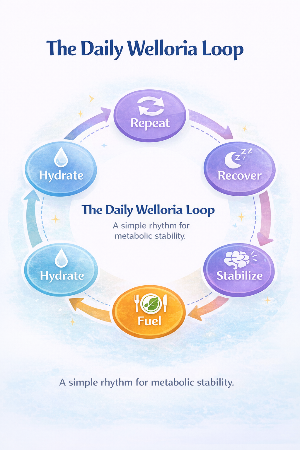 The Welloria Daily Loop: Hydrate, Fuel, Move, Stabilize, Recover, Repeat.