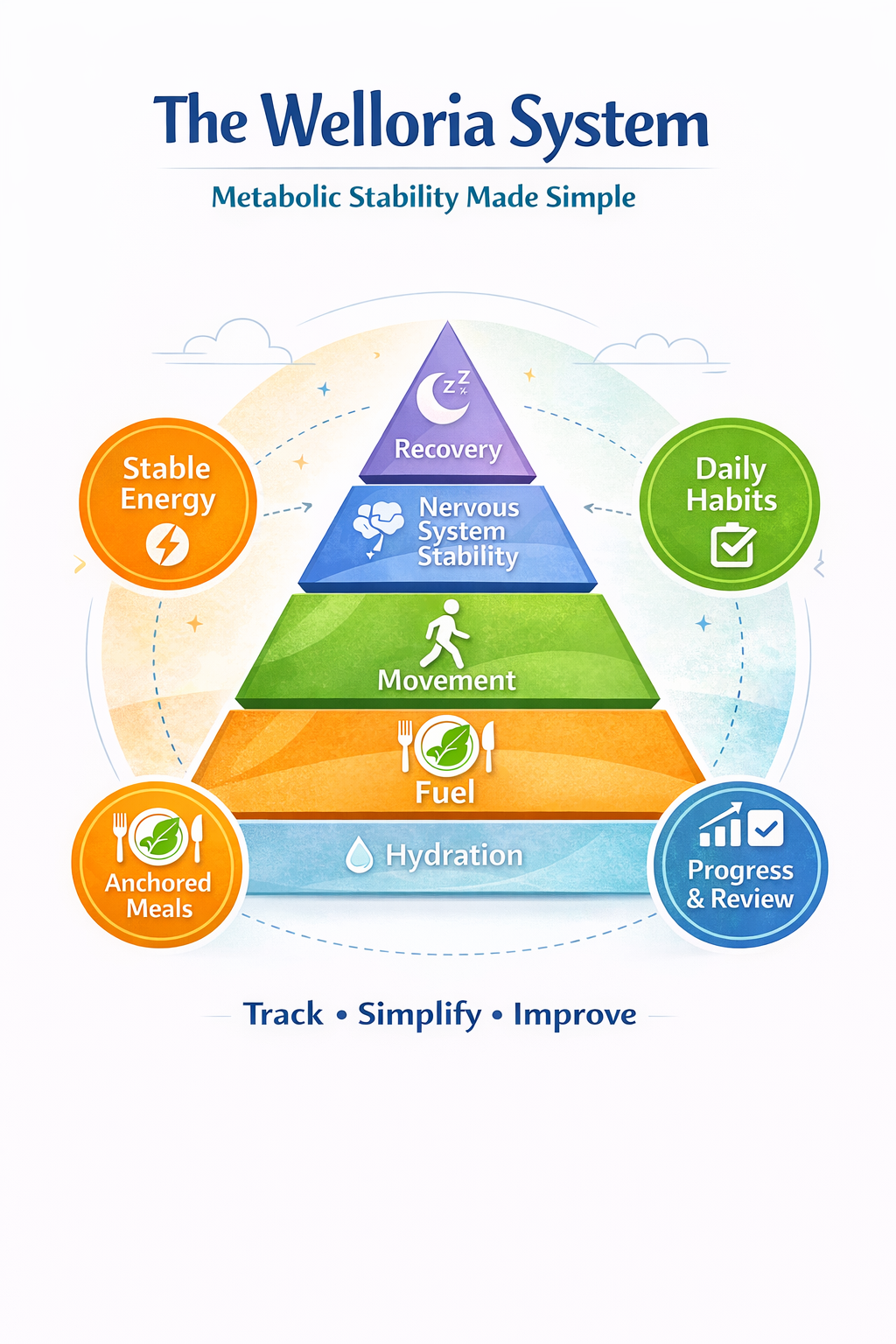 The Welloria System pyramid showing Hydration as the foundation supporting Stable Fuel, Movement, Nervous System Stability, and Recovery.